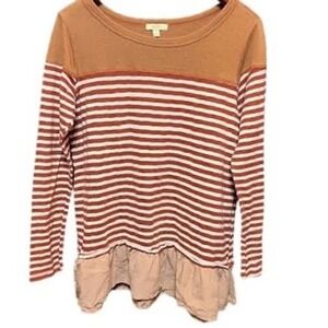 Womens Striped Long Sleeve Top Brown White Ruffle Hem Casual Blouse